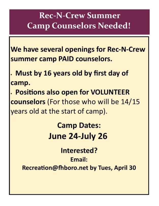 Camp Counselors Needed