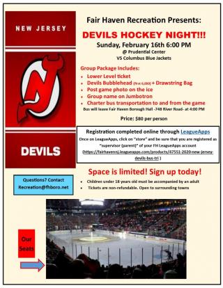 Fair Haven Recreation Presents:  Devils Hockey Night!!!  Sunday, February 16th 6:00 PM